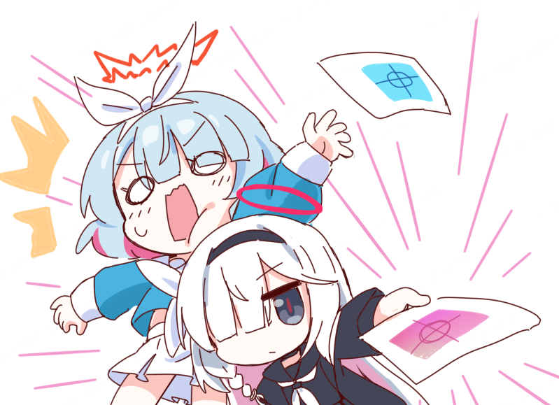 2girls ^^^ arm_up arona_(blue_archive) black_coat black_hairband black_sailor_collar black_shirt blue_archive blue_hair blue_shirt blunt_bangs bow braid chibi chibi_only closed_mouth coat colored_inner_hair cowboy_shot distorted_halo emphasis_lines eyes_visible_through_hair gacha_(game_mechanic) grey_eyes hair_bow hair_over_one_eye hairband halo holding holding_paper incoming_gift light_blush long_hair long_sleeves looking_at_viewer multicolored_hair multiple_girls neckerchief needle_(574187457) o_o one_eye_covered open_clothes open_coat open_mouth paper pink_hair plana_(blue_archive) red_halo red_pupils sailor_collar school_uniform serafuku shirt short_hair simple_background single_braid skirt standing surprised upper_body v-shaped_eyebrows wavy_hair white_background white_bow white_hair white_hairband white_neckerchief white_skirt