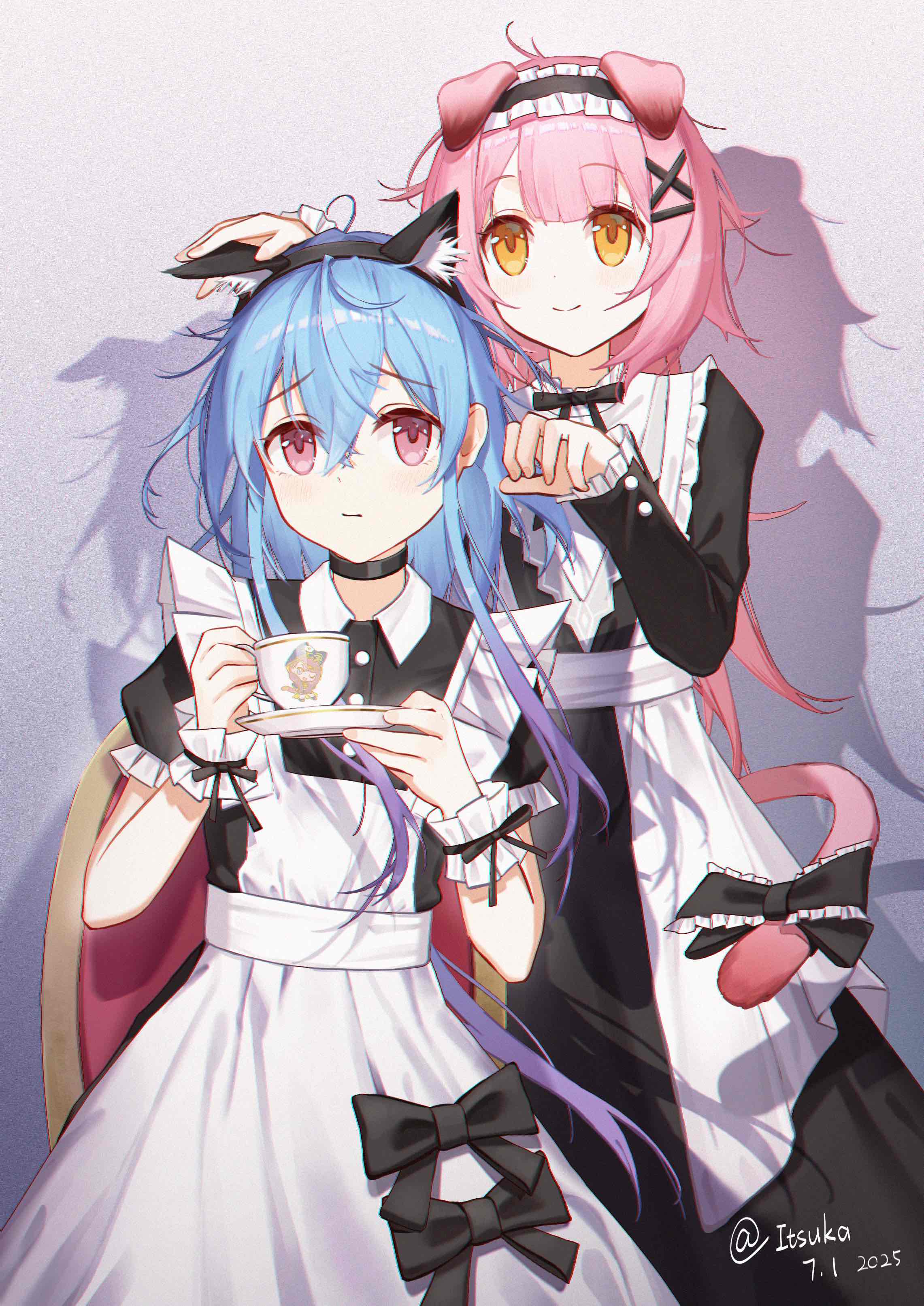 2girls absurdres animal_ear_fluff animal_ears apron arknights black_bow black_bowtie black_choker bow bowtie choker collar colored_tips dress fake_animal_ears flat_chest frilled_apron frilled_collar frilled_dress frills goldenglow_(arknights) gradient_hair highres itsuka_(pixiv90988220) long_hair looking_at_viewer maid maid_headdress mizuki_(arknights) multicolored_hair multiple_girls orange_eyes pink_eyes pink_hair smile standing tail very_long_hair