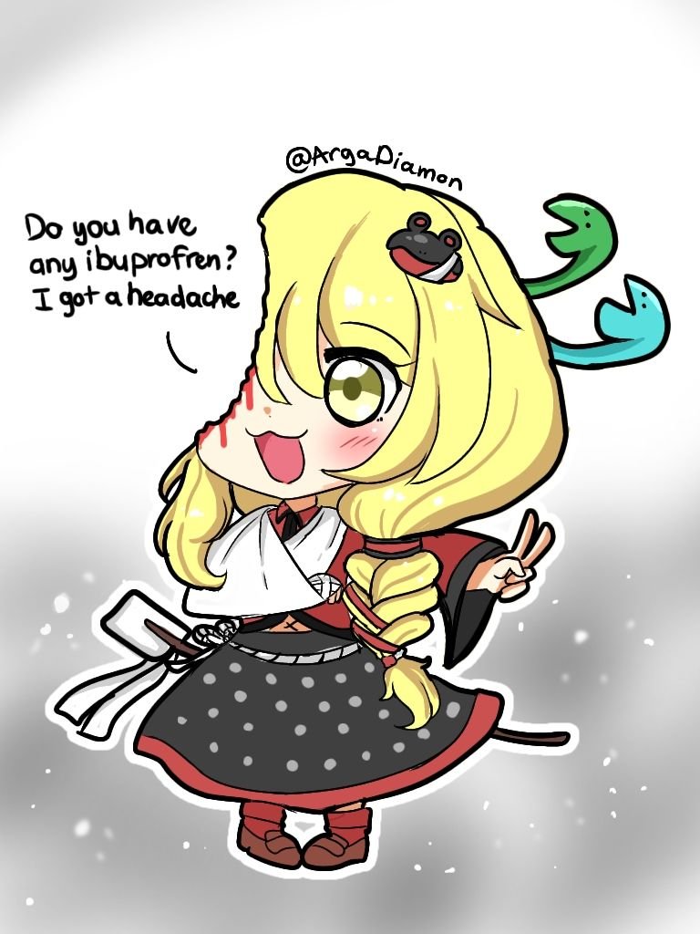1girl :3 alternate_color alternate_hair_color arm_sling black_skirt blonde_hair blood blush braid broken_arm chibi collared_shirt detached_sleeves diamon_arga dot_nose english_text frog_hair_ornament gohei gradient_background hair_ornament hair_tubes happy holding holding_gohei kochiya_sanae long_hair long_sleeves navel open_mouth patterned_clothing print_skirt red_shirt shirt single_hair_tube single_sidelock skirt skirt_set sleeveless sleeveless_shirt snake_hair_ornament solo touhou touhou_lostword twitter_username v wide_sleeves yellow_eyes