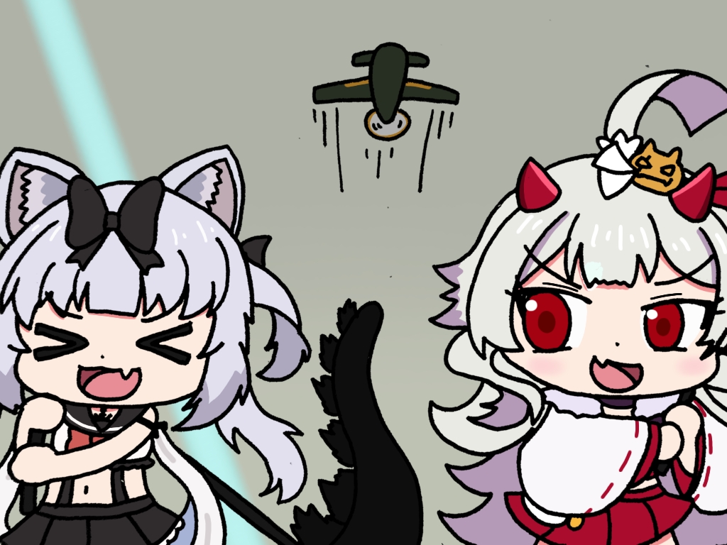 &gt;_&lt; 2girls :d aircraft azur_lane black_bow black_skirt bow chibi chibi_only fang godzilla_(series) godzilla_minus_one hair_bow hibiki_(azur_lane) horns imperial_japanese_navy j7w_shinden long_hair midriff military miniskirt multiple_girls navy open_mouth pleated_skirt prototype red_skirt shouchan_(forte371) skin_fang skirt smile war white_hair world_war_ii xd yukikaze_(azur_lane)