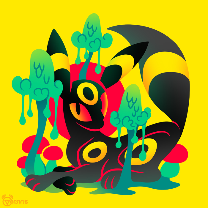 animal_focus artist_logo full_body gen_2_pokemon logo looking_at_viewer mushroom nintendo no_humans pokemon pokemon_(creature) red_eyes simple_background umbreon versiris yellow_background