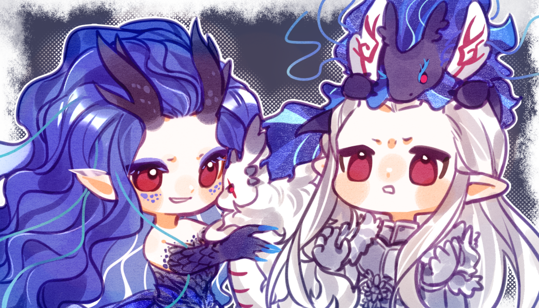 1boy 1girl ao_guang_(nezha_zhi_motong_jiangshi) ao_run_(nezha_zhi_motong_jiangshi) blue_hair brother_and_sister dragon_boy dragon_girl dragon_horns horns jintianggearchuxinzuolema long_hair nezha_zhi_motong_jiangshi red_eyes siblings very_long_hair white_hair