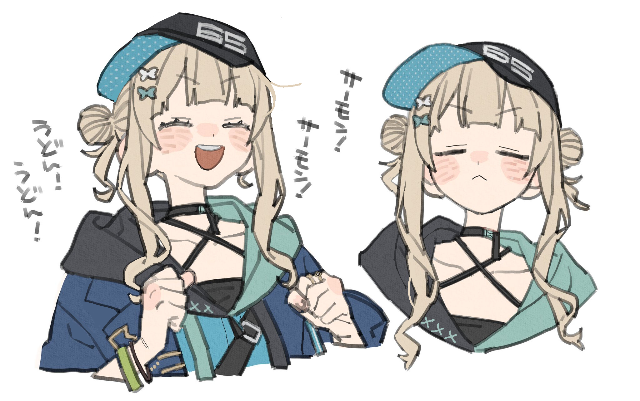 1girl bad_id bad_pixiv_id black_hat blonde_hair blue_jacket closed_eyes closed_mouth collarbone dayama double_bun flat_color hair_bun hat highres jacket kaburaki_roco kaburaki_roco_(1st_costume) multiple_views nijisanji open_clothes open_jacket open_mouth simple_background smile solo teeth translation_request upper_body upper_teeth_only virtual_youtuber white_background
