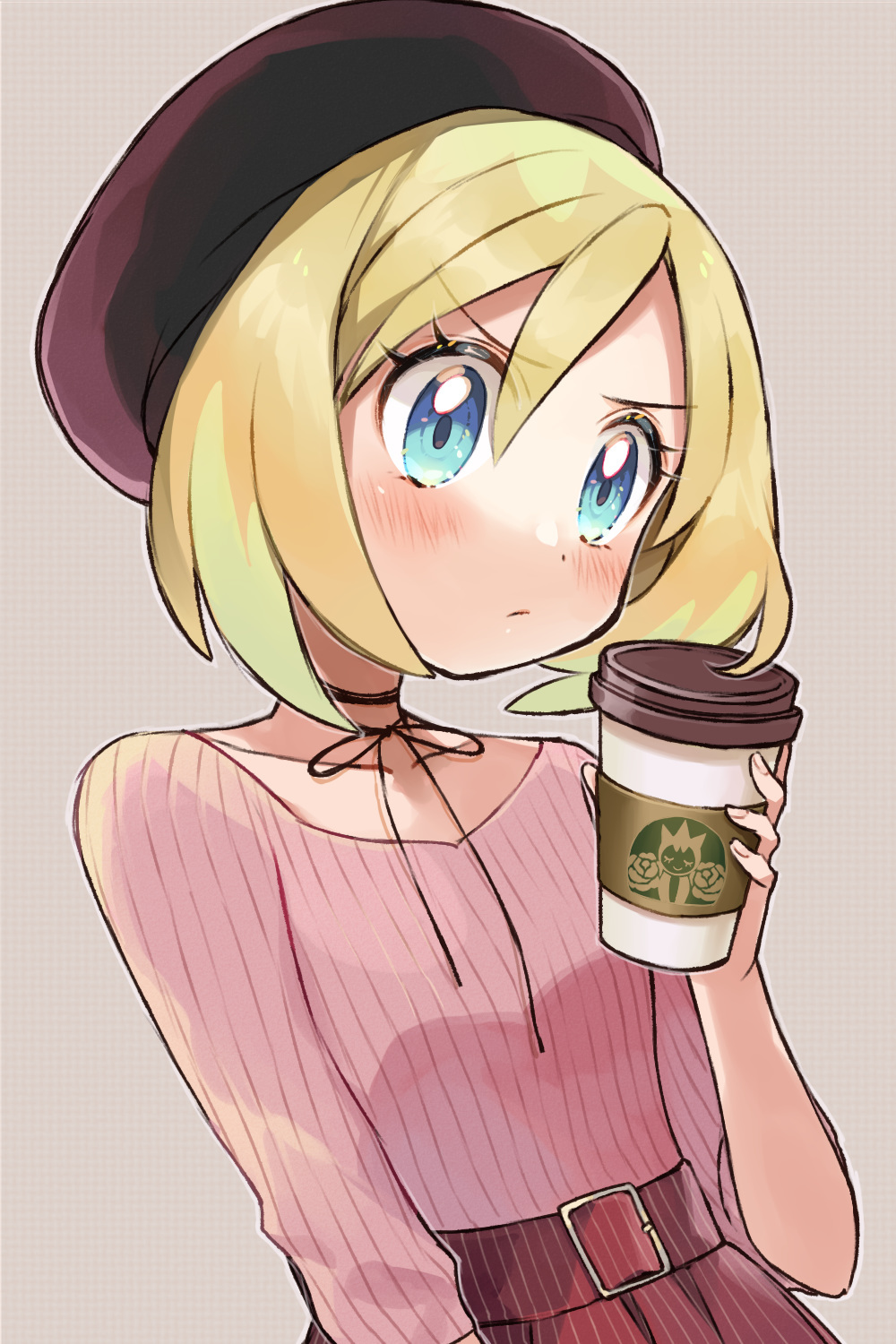 1girl alternate_costume beret blonde_hair blue_eyes blush brown_headwear closed_mouth commentary contemporary cup disposable_cup eyelashes gen_3_pokemon hair_between_eyes hat highres holding holding_cup irida_(pokemon) looking_down nintendo pink_shirt pokemon pokemon_(creature) pokemon_legends:_arceus red_skirt ribbed_shirt roselia_(pokemon) sasairebun shirt short_hair skirt