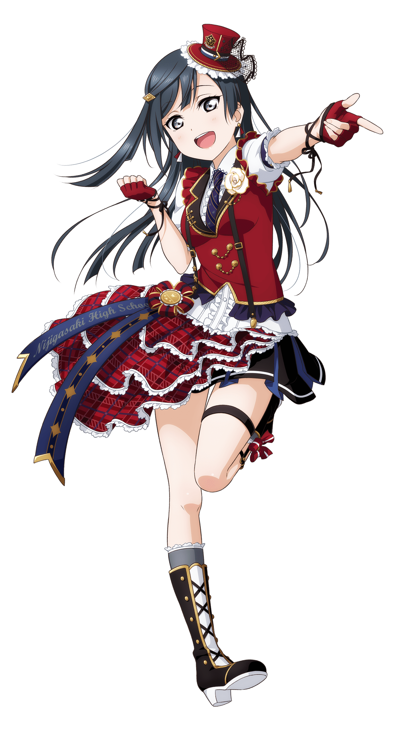 1girl :d absurdres asymmetrical_skirt black_boots black_hair black_necktie black_skirt boots breasts center_frills chase!_(love_live!) clenched_hand collared_shirt diagonal-striped_clothes diagonal-striped_necktie diamond_hair_ornament dress_shirt finger_gun fingerless_gloves frilled_shirt frills full_body gloves grey_eyes grey_socks hat highres jacket knee_boots kneehighs lace-up_boots leg_up long_hair love_live! love_live!_nijigasaki_high_school_idol_club love_live!_school_idol_festival_all_stars medium_breasts mini_hat mini_top_hat necktie official_alternate_costume official_art one_side_up open_mouth puffy_short_sleeves puffy_sleeves red_gloves red_hat red_jacket shirt short_sleeves simple_background skirt sleeveless sleeveless_jacket smile socks solo standing standing_on_one_leg striped_clothes teeth top_hat transparent_background upper_teeth_only white_shirt yuki_setsuna