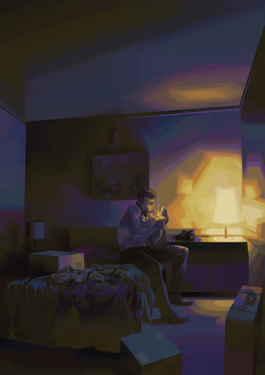 brown_hair corded_phone desk_lamp dim_lighting facial_hair highres holding holding_lighter hotel_dusk kyle_hyde lamp lighter mr_kasuy on_bed phone sitting smoking talking_on_phone vest white_vest