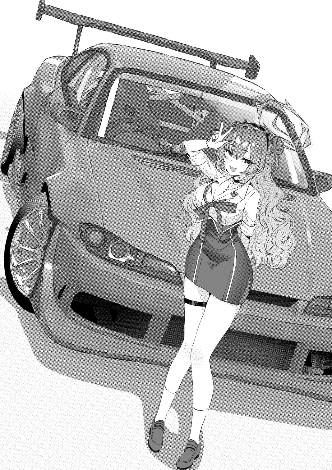 1girl arm_behind_back black_footwear blue_archive breasts car choker cleavage fluffy_hair gyaru hair_between_eyes highres jewelry jun_project kirara_(blue_archive) large_breasts legband long_hair monochrome motor_vehicle necklace nissan_silvia nissan_silvia_s15 open_mouth pencil_skirt ribbon shirt skirt socks v white_shirt wide_hips