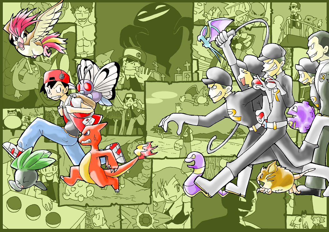 1990s_(style) 2girls 4boys backpack bag bicycle bikini blue_oak blue_oak_(pokemon_rgby) boots brock_(pokemon) butterfree charizard charmeleon chasing clefairy dragonite ekans fire gen_1_pokemon geodude ghost giovanni_(pokemon) gloves hat koffing lance_(pokemon) misty_(pokemon) multiple_boys multiple_girls nintendo npc_trainer oddish onix pidgeotto pointing poke_ball pokemon pokemon_(creature) pokemon_rgby pushing raticate red_(pokemon) retro_artstyle running shitappa_13-gou side_ponytail snorlax spoilers starmie swimsuit team_rocket team_rocket_grunt tree wartortle zubat