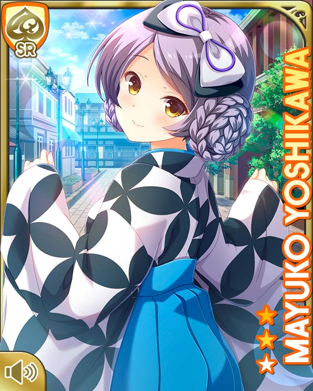 1girl blue_skirt bow card character_name closed_mouth cosplay day girlfriend_(kari) grey_hair hair_bow japanese_clothes kimono kimono_skirt long_hair looking_back official_art outdoors patterned_clothing qp:flapper skirt smile solo tagme taishou_era white_bow white_kimono yellow_eyes yoshikawa_mayuko