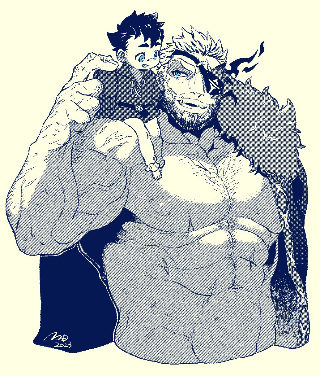 2boys abs affectionate balor_(housamo) bara bare_pectorals beard cape chest_hair cropped_torso cuffs eyepatch facial_hair fatherly flaming_eye fur-trimmed_cape fur_trim greyscale highres knuckle_hair large_pectorals male_focus mature_male mid_(mid_skb) monochrome multicolored_hair multiple_boys muscular muscular_male navel navel_hair nipples official_alternate_costume pectorals protagonist_1_(housamo) scar short_hair sitting_on_shoulder size_difference spot_color stomach strongman_waist thick_eyebrows tokyo_houkago_summoners tusks two-tone_beard two-tone_hair
