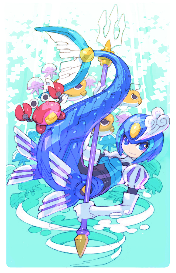 1girl blue_eyes blue_helmet crab full_body helmet holding holding_polearm holding_weapon looking_at_viewer marine_day mega_man_(classic) mega_man_(series) mega_man_9 mermaid monster_girl nakayama_tooru non-humanoid_robot polearm robot robot_animal robot_fish robot_girl smile splash_woman trident weapon