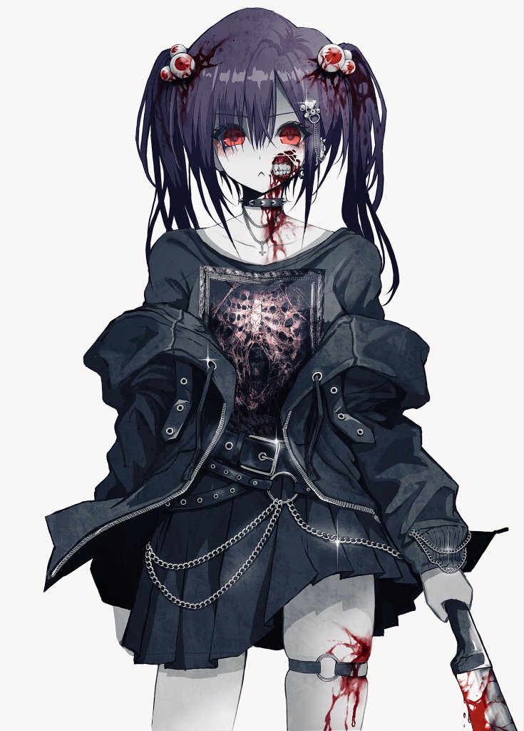 1girl :&lt; belt black_belt black_chemise black_jacket black_shirt black_skirt blood blood_in_hair blood_on_face blood_on_leg blood_on_neck bloody_knife chain chain_necklace choker closed_eyes collarbone colored_skin cowboy_shot cross cross_necklace ear_piercing eyeball_hair_ornament gorezono_neo_(yu-ki_iwata) hair_between_eyes hair_ornament holding holding_knife jacket jaw jewelry knife long_hair looking_at_viewer necklace o-ring o-ring_thigh_strap off_shoulder original piercing pleated_skirt print_shirt purple_hair red_eyes shirt simple_background skirt skull_hair_ornament solo spiked_choker spikes standing teeth thigh_strap twintails white_background white_skin yu-ki_iwata