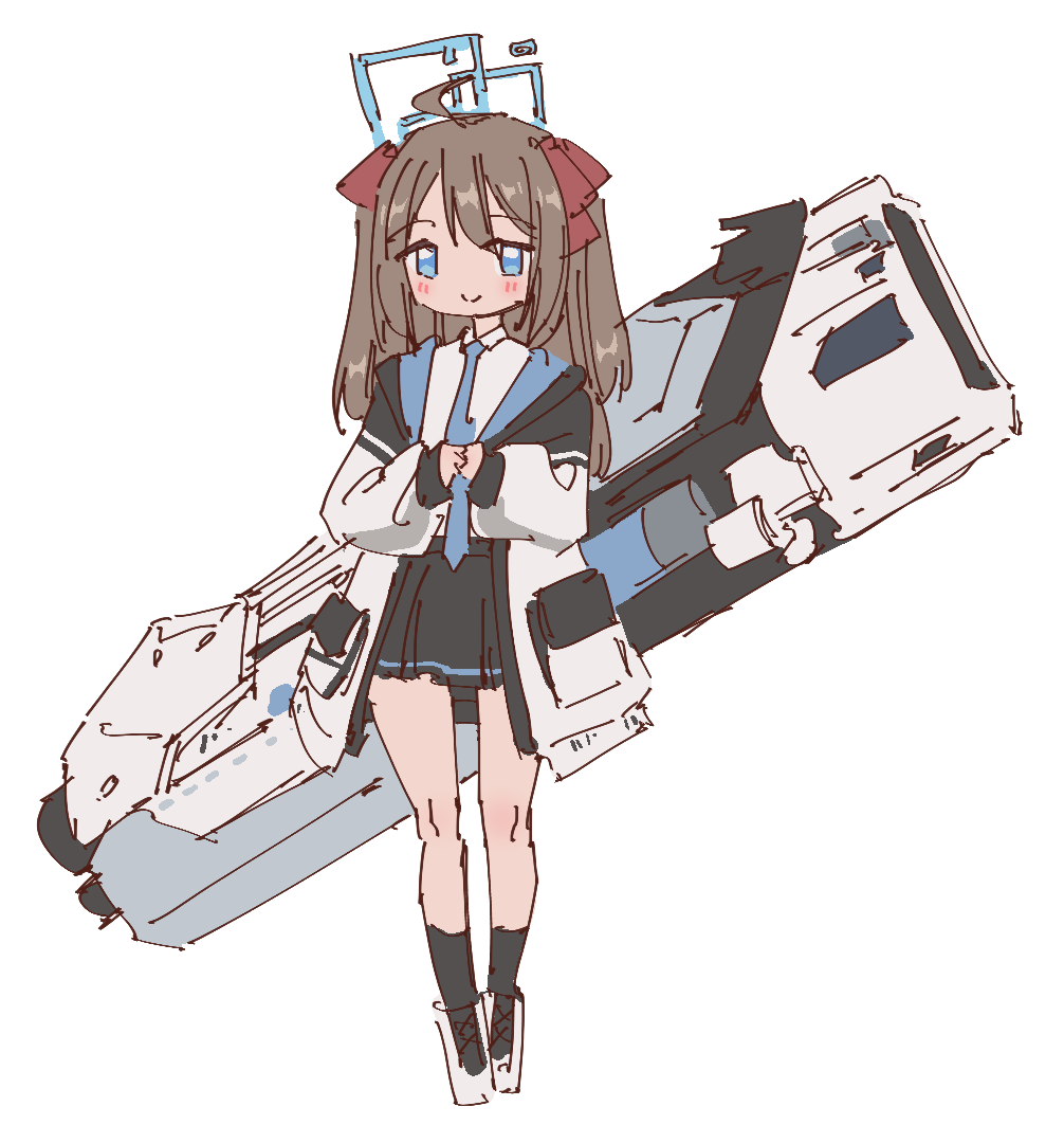 1girl ahoge aris_(blue_archive) aris_(blue_archive)_(cosplay) black_skirt black_socks blue_archive blue_eyes blue_necktie blush brown_hair chinese_commentary closed_mouth collared_shirt commentary_request cosplay full_body hair_between_eyes halo indie_virtual_youtuber jacket live2d_inc. long_hair miniskirt mixed-language_commentary momose_hiyori necktie neuro-sama railgun rune_(dualhart) shirt simple_background skirt smile socks solo virtual_youtuber weapon weapon_on_back white_background white_jacket white_shirt