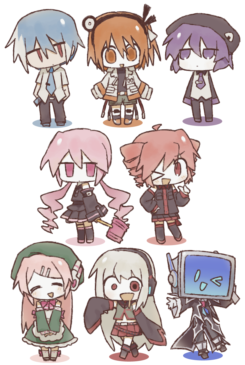 &gt;_o 2boys 6+girls a.i._voice adachi_rei belt beret blue_hair boots bow bowtie chibi closed_eyes coat collared_shirt commentary crop_top crt denki_sai detached_sleeves dress drill_hair frilled_dress frills full_body gloves hair_ornament hairclip hat headphones highres jacket jitome joints kasane_teto long_hair looking_to_the_side looking_up low_drills maid matsudappoiyo meltypen momone_momo multicolored_hair multiple_boys multiple_girls necktie object_head one_eye_closed one_side_up open_mouth orange_eyes orange_hair oune_meno own_hands_together pants pink_eyes pink_hair pleated_skirt purple_eyes purple_hair red_eyes robot_ears robot_joints shirt short_hair skirt sleeveless sleeveless_dress sleeveless_shirt sleeves_past_fingers sleeves_past_wrists smile socks streaked_hair sukone_tei thigh_boots toy_hammer twin_drills utane_uta utau very_long_hair white_hair