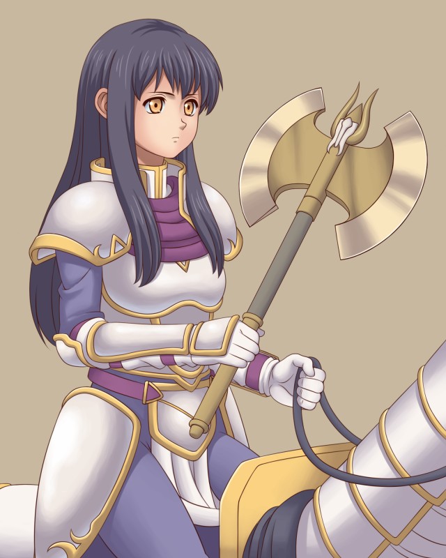 1girl armor astrid_(fire_emblem) axe black_hair blue_pants breastplate commentary_request fire_emblem fire_emblem:_path_of_radiance gloves holding holding_axe horseback_riding ibushi_(oath) long_hair nintendo pants partial_commentary pauldrons riding shoulder_armor simple_background sitting white_armor white_gloves yellow_eyes