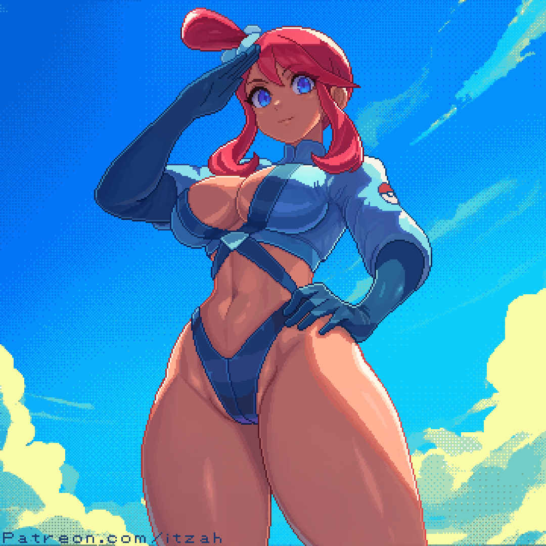 1girl adapted_costume artist_name blue_eyes blue_gloves blue_jacket blue_shorts breasts cloud commentary crop_top cropped_jacket day gloves hair_ornament hand_on_own_hip itzah jacket large_breasts leotard navel nintendo patreon_username pixel_art pokemon pokemon_bw red_hair short_hair_with_long_locks shorts sidelocks skyla_(pokemon) solo suspenders thick_thighs thighs watermark web_address