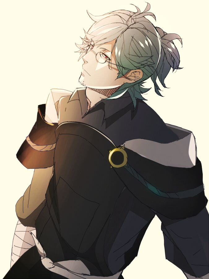 1boy bad_id bad_pixiv_id beard beroring blue_hair facial_hair fire_emblem fire_emblem_fates glasses male_focus nintendo ponytail red_eyes simple_background solo yellow_background yukimura_(fire_emblem)