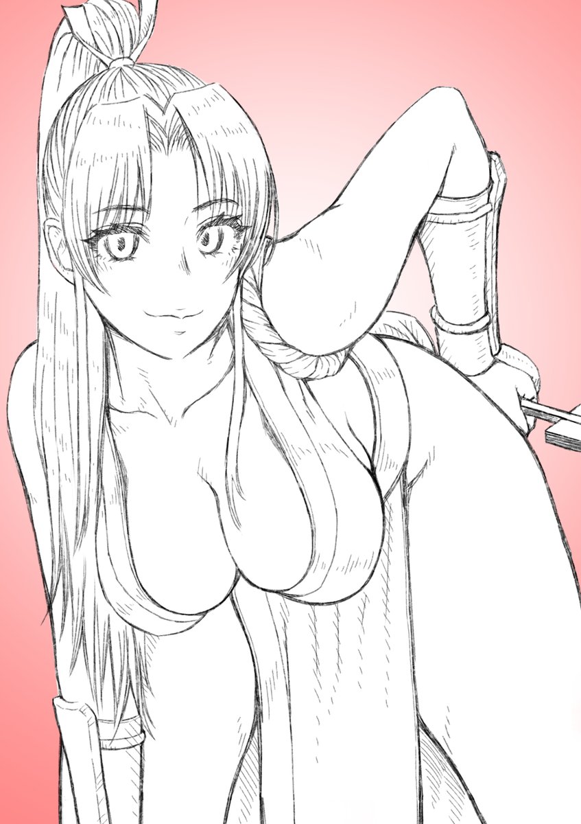 1girl bare_shoulders breasts cleavage commentary_request delarocha82 downblouse fatal_fury female_focus folded_fan folding_fan hand_fan hand_on_own_ass high_ponytail highres holding holding_fan japanese_clothes large_breasts leaning_forward monochrome ninja pelvic_curtain ponytail revealing_clothes rope shiranui_mai smile solo the_king_of_fighters thighs