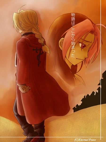 1boy 1girl bad_id bad_pixiv_id blonde_hair braid brown_hair coat dark_skin colored_bangs edward_elric fullmetal_alchemist kuranbeeru_(heidel_sadako) long_hair multicolored_hair overcoat pink_hair rose_thomas rose_tomas translation_request two-tone_hair