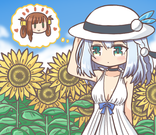 1girl 2girls alternate_costume awane_kokoro bad_id bad_pixiv_id bare_shoulders black_choker blue_sky braid breasts brown_hair choker cleavage closed_mouth cloud commentary_request cowboy_shot cube_hair_ornament day dress field flower flower_field green_eyes hair_ornament hair_rings hat kagami_masara long_hair magia_record:_mahou_shoujo_madoka_magica_gaiden mahou_shoujo_madoka_magica multiple_girls outdoors reverse_(bluefencer) sky sleeveless sleeveless_dress smile solo speech_bubble spoken_character standing sun_hat sundress sunflower thought_bubble white_dress white_hat yellow_flower