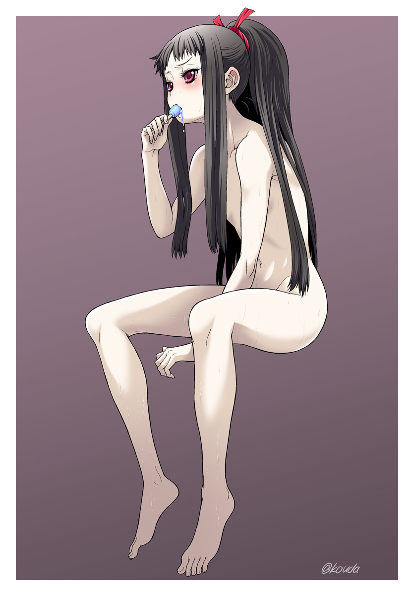 1girl ar_tonelico ar_tonelico_ii barefoot between_legs black_hair blush breasts brown_legwear commentary_request eating feet female_focus food from_side gust hair_censor hand_between_legs hand_up highres invisible_chair jakuri_(ar_tonelico) kouda_tomohiro long_hair nude ponytail popsicle red_eyes sitting small_breasts solo toes