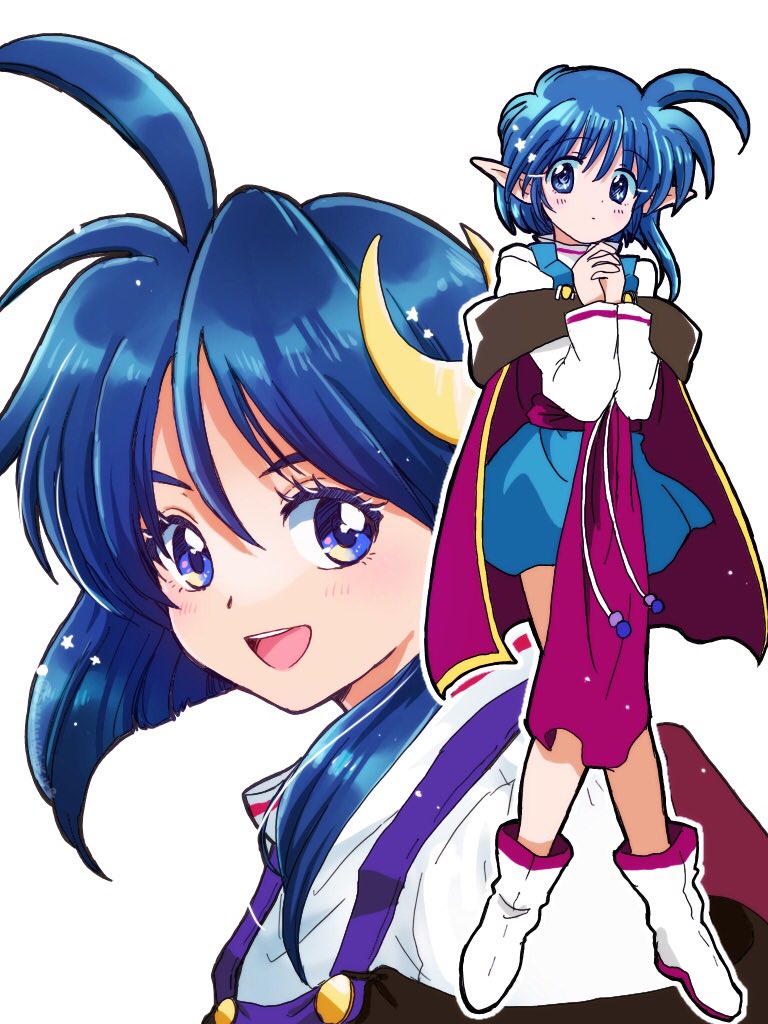 1girl ahoge blue_eyes blue_hair cape crescent crescent_hair_ornament eru_shi full_body hair_ornament looking_at_viewer open_mouth pointy_ears rena_lanford short_hair simple_background smile solo star_ocean star_ocean_ex star_ocean_the_second_story white_background