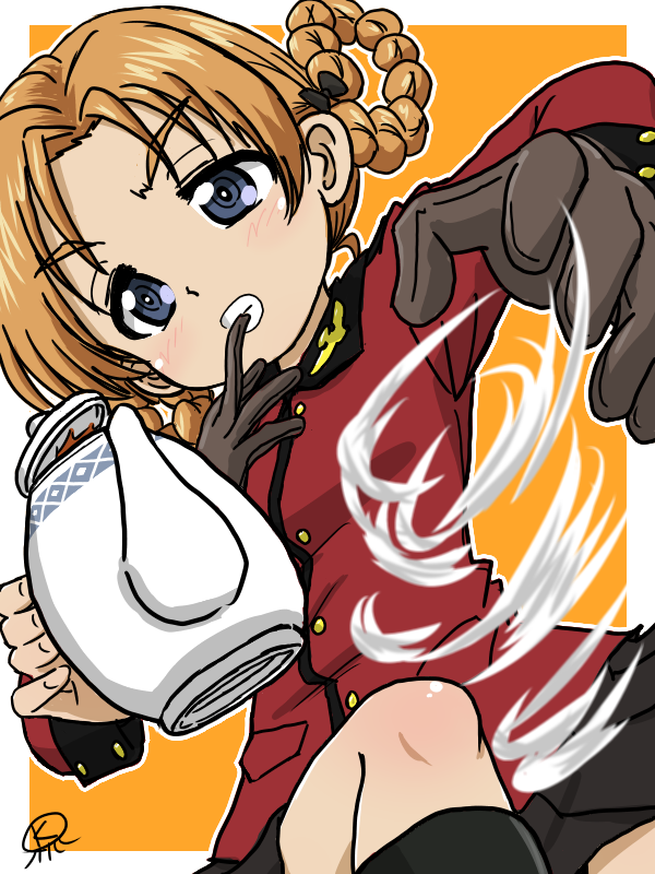 1girl artist_name black_gloves black_skirt braid frown girls_und_panzer glove_in_mouth gloves grimace holding holding_teapot jacket knee_up like_and_redraw_challenge long_sleeves looking_at_viewer military_uniform mouth_hold orange_background orange_hair orange_pekoe_(girls_und_panzer) outline parted_bangs red_jacket short_hair signature skirt solo st._gloriana&#039;s_military_uniform takahashi_kurage teapot twin_braids white_outline wind