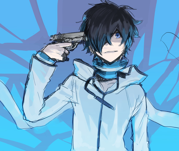 akiyoshi_nozomu atlus black_hair blue_eyes devil_survivor_(series) devil_survivor_2 digital_media_player hair_over_one_eye kuze_hibiki parody persona persona_3 scarf short_hair