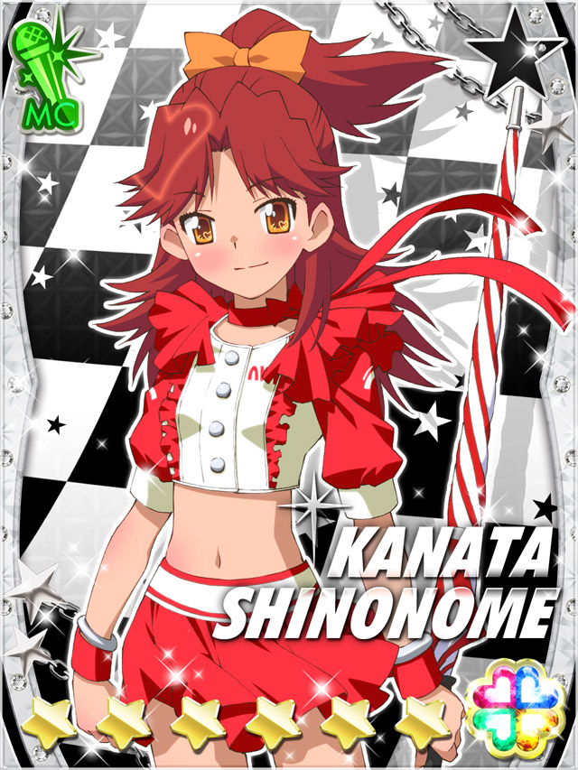 1girl akb0048 bow card_(medium) character_name checkered_background closed_mouth closed_umbrella cowboy_shot crop_top frilled_shirt frills hair_bow heart high_ponytail holding holding_umbrella long_hair looking_at_viewer midriff miniskirt navel non-web_source official_art orange_bow orange_eyes parasol ponytail race_queen red_hair red_skirt shinonome_kanata shirt skirt smile solo sparkle standing star_(symbol) three-quarter_sleeves umbrella wristband