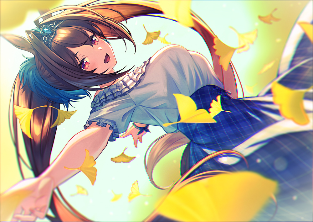 1girl :d animal_ears blue_skirt breasts brown_hair casual daiwa_scarlet_(umamusume) fang from_side ginkgo_leaf horse_ears horse_girl horse_tail large_breasts leaf long_hair looking_at_viewer open_mouth red_eyes shirt sideways skirt smile solo tail tiara umamusume unowen very_long_hair white_shirt