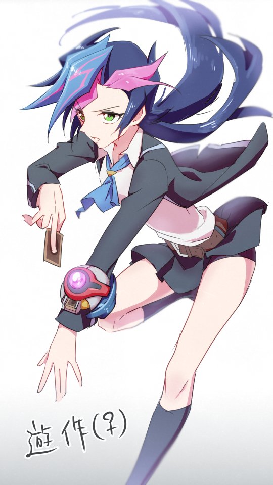 1girl belt black_hair black_jacket black_skirt black_socks blazer blue_hair blue_neckerchief brown_belt card colored_bangs commentary dress_shirt duel_disk facing_to_the_side fujiki_yusaku genderswap genderswap_(mtf) green_eyes holding holding_card jacket knee_up long_hair looking_to_the_side loose_neck_ribbon loose_neckerchief loose_necktie neck_ribbon neckerchief necktie open_clothes open_hand open_jacket outstretched_arm pleated_skirt ponytail ribbon running sanagi_2 school_uniform shirt skirt socks spiked_hair white_background white_shirt wind yu-gi-oh! yu-gi-oh!_vrains