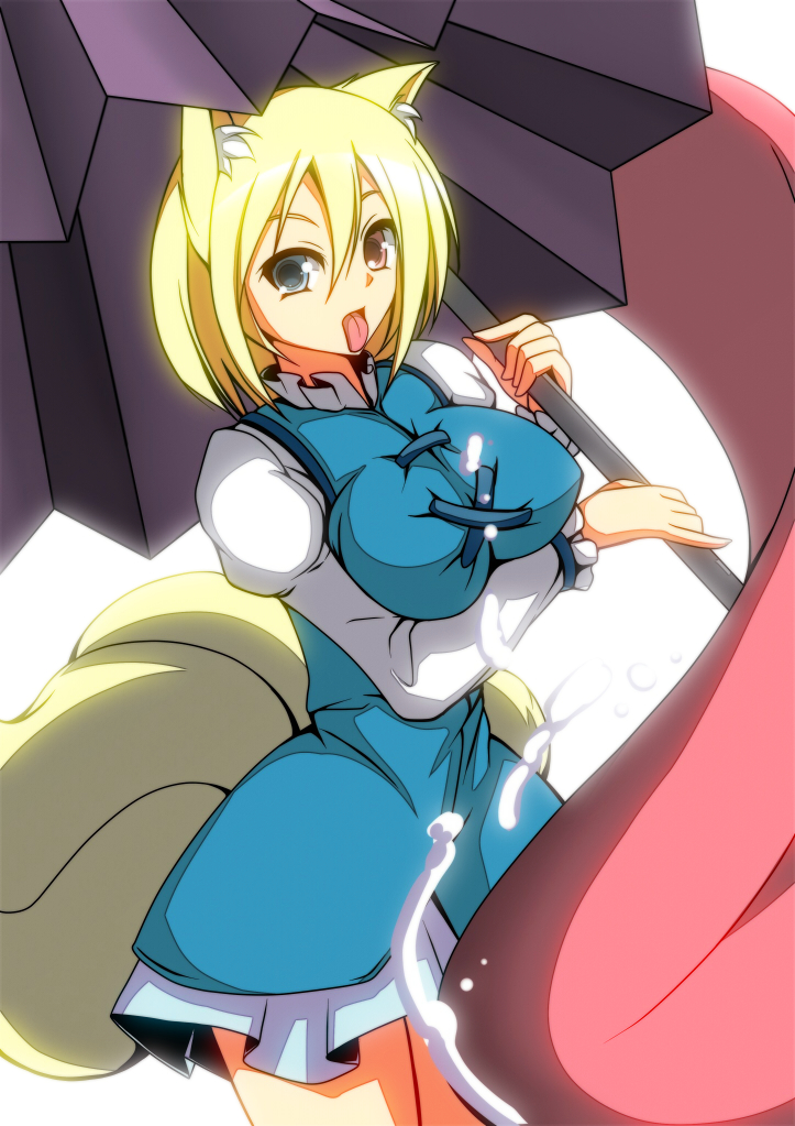 1girl animal_ears backlighting blonde_hair blue_dress blue_skirt breast_lift breasts cosplay dress female_focus fox_ears fox_tail heterochromia juliet_sleeves karakasa_obake kitsune kyuubi large_breasts long_sleeves looking_at_viewer merry_(diameri) multiple_tails puffy_sleeves shirt skirt solo tail tatara_kogasa tatara_kogasa_(cosplay) tongue tongue_out touhou umbrella yakumo_ran