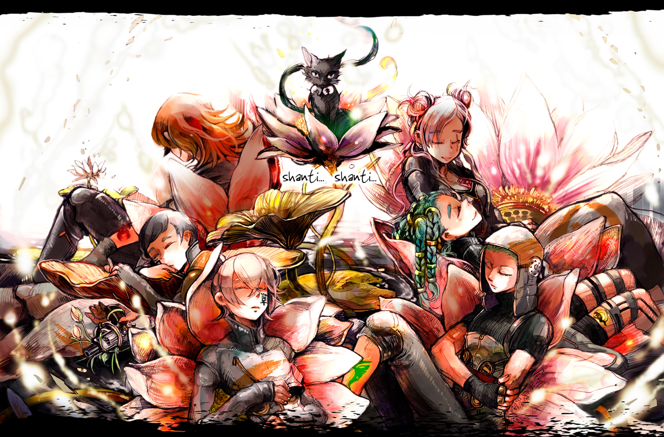 2girls 4boys argilla black_eyes black_hair breasts cat cielo_(dds) cleavage closed_eyes digital_devil_saga facial_mark gale_(dds) green_hair grey_hair heat_(dds) multiple_boys multiple_girls pink_hair red_hair schrodinger_(dds) sera serph shin_megami_tensei sleeping smile tattoo