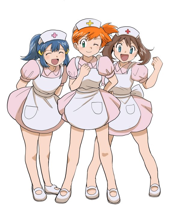 3girls asymmetrical_hair bandana blonde_hair blue_eyes blue_hair blush breasts brown_hair cosplay dawn_(pokemon) gintarou_(puipuiginta) gym_leader hair_tie hat joy_(pokemon) joy_(pokemon)_(cosplay) may_(pokemon) misty_(pokemon) multiple_girls nintendo nurse nurse_cap official_alternate_costume one_eye_closed open_mouth orange_hair pokemon pokemon_(anime) pokemon_(classic_anime) pokemon_ag104 pokemon_dppt_(anime) pokemon_ep047 pokemon_rse_(anime) ponytail shirt short_hair short_shorts shorts side_ponytail small_breasts smile standing suspenders tank_top thighs tomboy v wink yellow_shirt