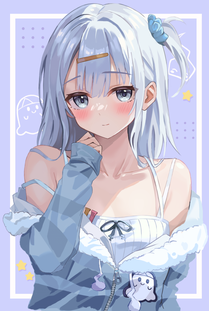 1girl blush breasts camisole closed_mouth collarbone commentary_request fur-trimmed_jacket fur_trim grey_eyes grey_hair grey_jacket hair_between_eyes hair_ornament hairclip hand_up jacket long_hair long_sleeves looking_at_viewer off_shoulder one_side_up puffy_long_sleeves puffy_sleeves purple_background sleeves_past_wrists small_breasts solo star_(symbol) strap_slip sutei_(xfzdarkt) suzutuki_sui upper_body varium virtual_youtuber white_camisole