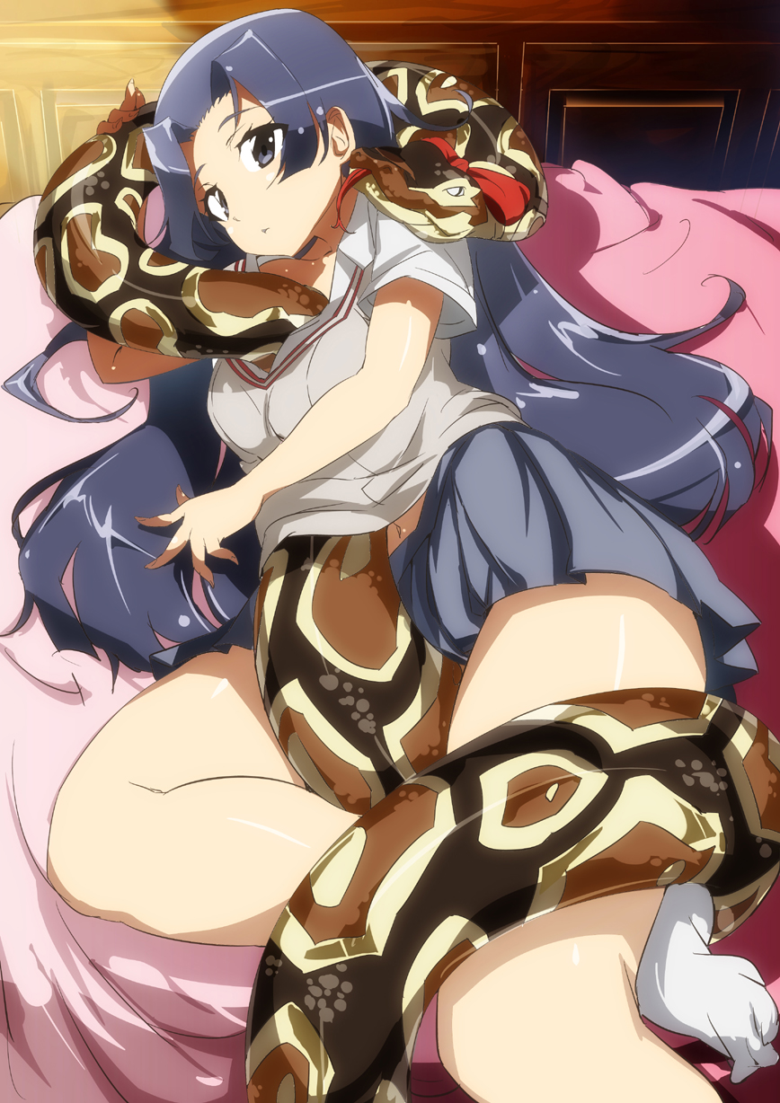 1girl anaconda animal animal_in_clothes bed black_eyes black_hair ekaterina_(railgun) highres kongou_mitsuko long_hair lying navel on_side school_uniform snake socks tashiromotoi toaru_kagaku_no_railgun toaru_majutsu_no_index