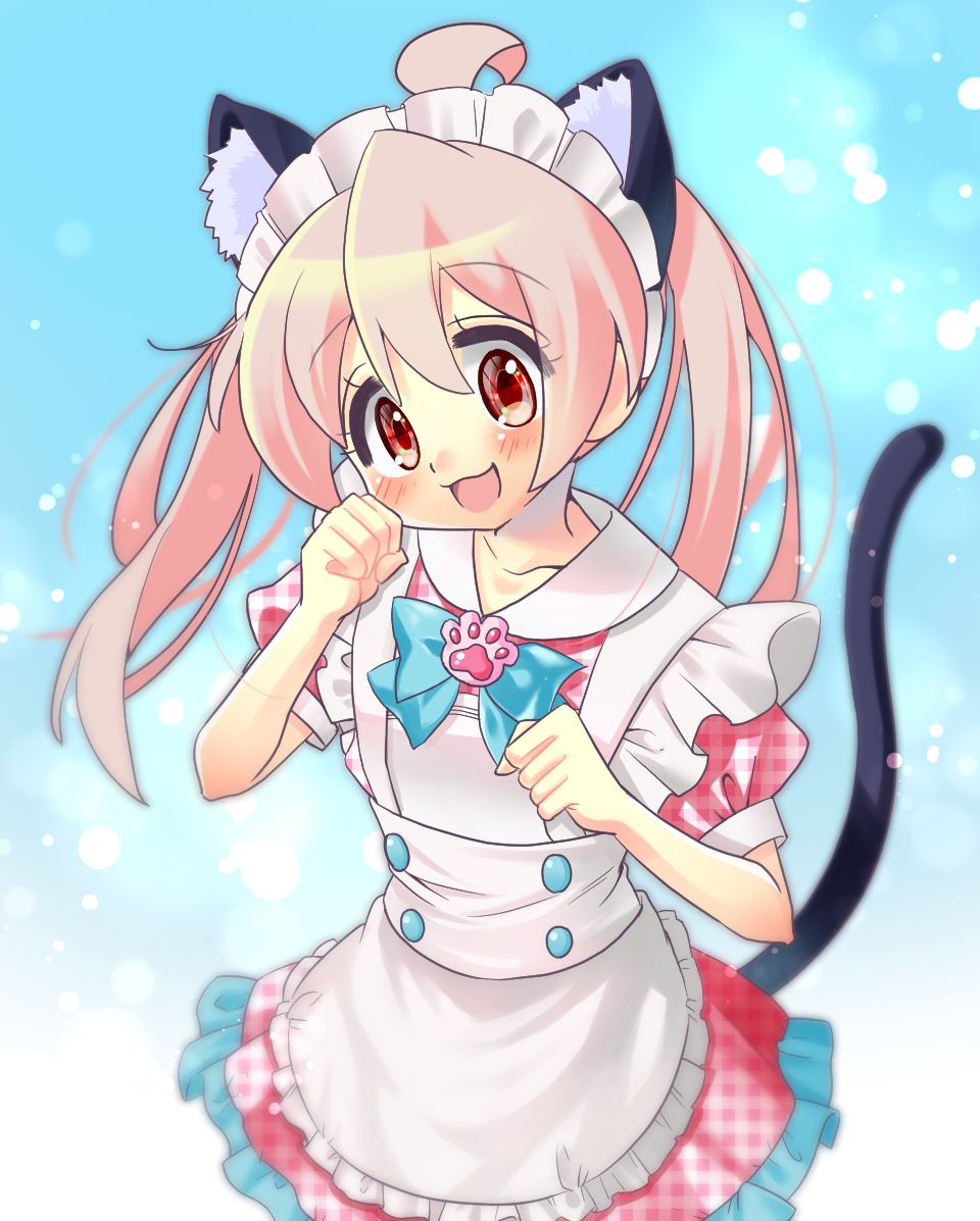 1girl :3 :d ahoge alternate_costume animal_ear_fluff animal_ears apron bare_arms blue_background blush cat_ears cat_tail commentary enmaided eyes_visible_through_hair frilled_apron frills genderswap genderswap_(mtf) hair_between_eyes long_hair looking_at_viewer maid maid_headdress nemu0701 onii-chan_wa_oshimai! open_mouth oyama_mahiro paw_pose puffy_short_sleeves puffy_sleeves red_eyes short_sleeves simple_background smile solo tail twintails