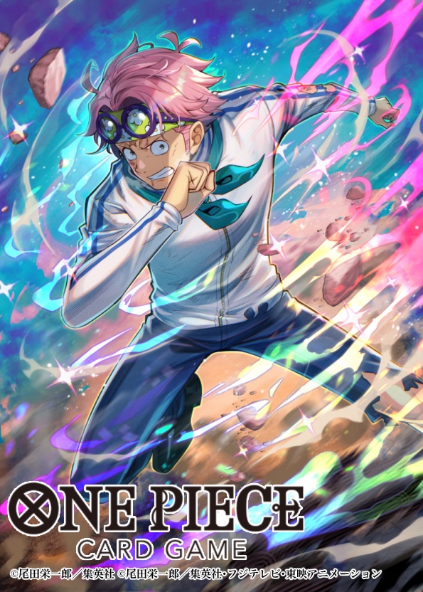 1boy bashikou blood blood_on_face blue_neckerchief blue_pants clenched_teeth commentary_request copyright_name green_headband headband jacket koby_(one_piece) looking_at_viewer male_focus neckerchief official_art one_piece one_piece_card_game pants pebble pink_hair scar scar_on_face scar_on_forehead short_hair sideburns smoke solo sparkle teeth