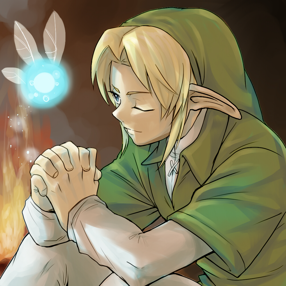 1boy bad_id bad_pixiv_id blonde_hair blue_eyes fairy hat link male_focus morishita_makoto navi nintendo one_eye_closed pointy_ears smile the_legend_of_zelda the_legend_of_zelda:_ocarina_of_time wink