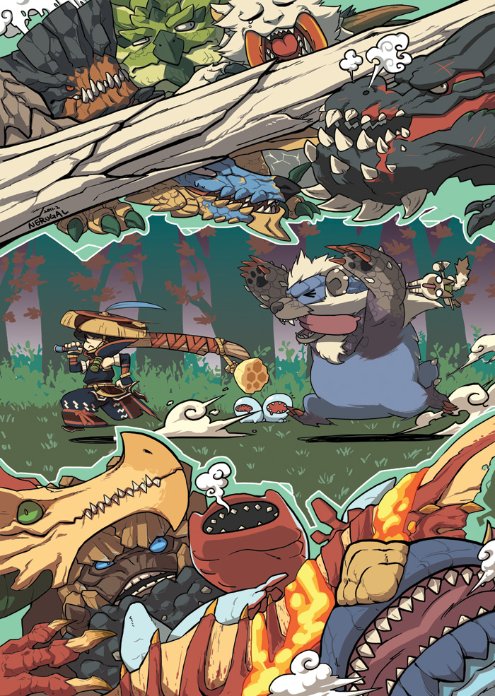 &gt;_&lt; 1boy :p agnaktor arzuros barioth barroth bear capcom claws closed_eyes dated deviljho feathers felyne forest giggi gigginox hat honey jhen_mohran leaf monster monster_hunter_(series) monster_hunter_portable_3rd nature nerugal nibelsnarf rathian running sharp_teeth signature teeth tongue tongue_out tusks uragaan yukumo_(armor) zinogre
