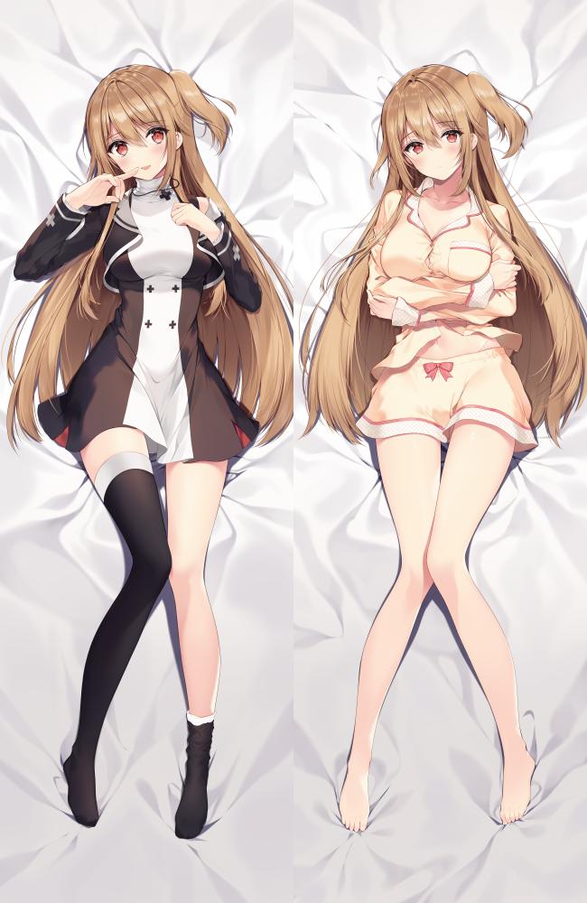 1girl :d arms_under_breasts asymmetrical_legwear bare_legs barefoot black_capelet black_dress black_socks black_thighhighs blush breasts brown_hair brown_pajamas capelet closed_mouth commentary_request cross cross_necklace crossed_arms dakimakura_(medium) dress feet full_body game_club_project greek_cross groin hair_between_eyes hands_up jewelry knees_together_feet_apart lapels large_breasts legs long_hair long_sleeves looking_at_viewer midriff navel necklace necomi notched_lapels one_side_up open_mouth pajamas red_eyes short_dress sidelocks single_sock single_thighhigh sleeves_past_wrists smile socks solo thighhighs turtleneck turtleneck_dress two-tone_dress uneven_legwear virtual_youtuber white_dress yumesaki_kaede_(game_club_project)