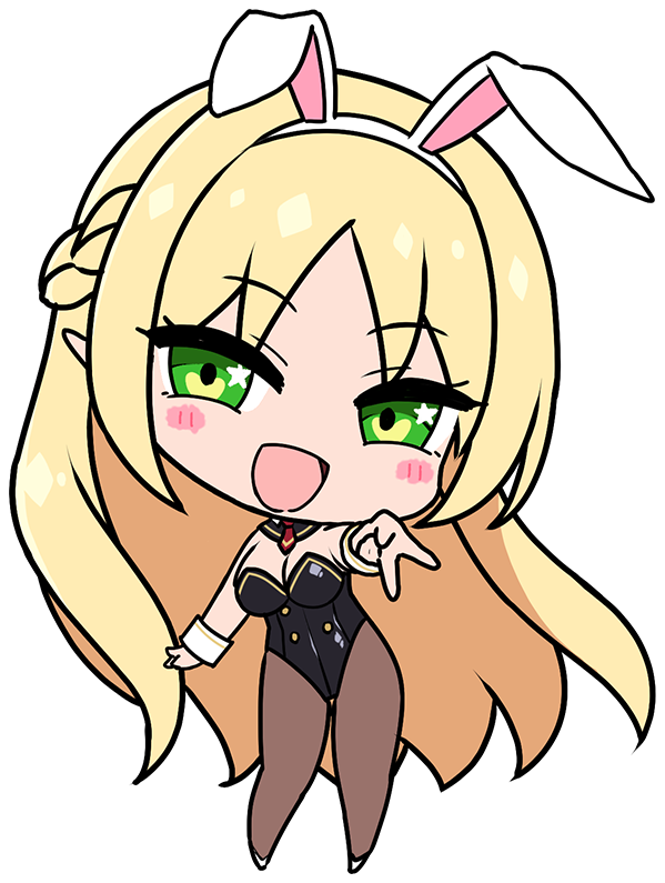 1girl alistine_mi_rosiel animal_ear_hairband animal_ears arm_at_side black_leotard black_pantyhose blonde_hair blush braid breasts chibi cleavage covered_navel deformed derauea detached_collar fake_animal_ears game_cg green_eyes gyaru_v hairband half_up_braid highleg highleg_leotard large_breasts leotard long_hair looking_at_viewer motto!_haramase!_honoo_no_oppai_isekai_oppai_bunny_gakuen! necktie non-web_source official_art open_mouth outstretched_arm pantyhose playboy_bunny rabbit_ear_hairband rabbit_ears red_necktie smile solo standing star_(symbol) star_in_eye strapless strapless_leotard symbol_in_eye transparent_background v white_hairband white_wrist_cuffs wrist_cuffs