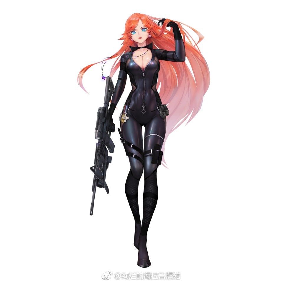 1girl arm_at_side arm_up assault_rifle black_bodysuit blue_eyes bodysuit breasts center_opening choker cleavage darling_in_the_franxx earrings explosive female_focus full_body gorgeous_mushroom grenade gun head_tilt holster jewelry large_breasts lipstick long_hair looking_at_viewer makeup miku_(darling_in_the_franxx) necklace orange_hair parted_bangs pendant rifle simple_background solo standing stud_earrings thigh_holster very_long_hair watermark weapon weibo_watermark white_background