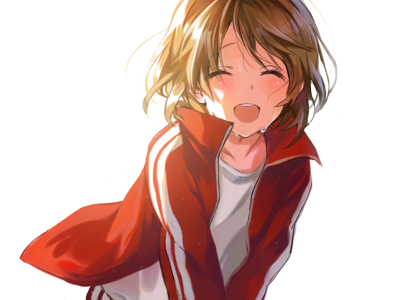 1girl brown_hair closed_eyes commentary_request jacket koizumi_hanayo love_live! love_live!_school_idol_project naarann open_mouth pants red_jacket red_pants shirt short_hair smile solo sweat track_jacket white_background white_shirt
