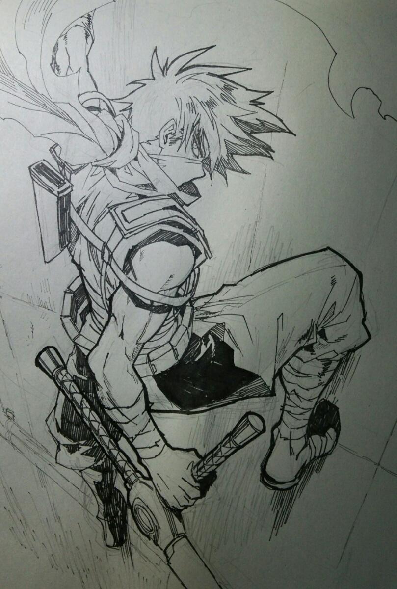 1boy climbing full_body greyscale highres holding holding_weapon indesign looking_at_viewer male_focus mask monochrome mouth_mask muscular muscular_male ninja scarf short_hair solo strider_(video_game) strider_hiryuu weapon