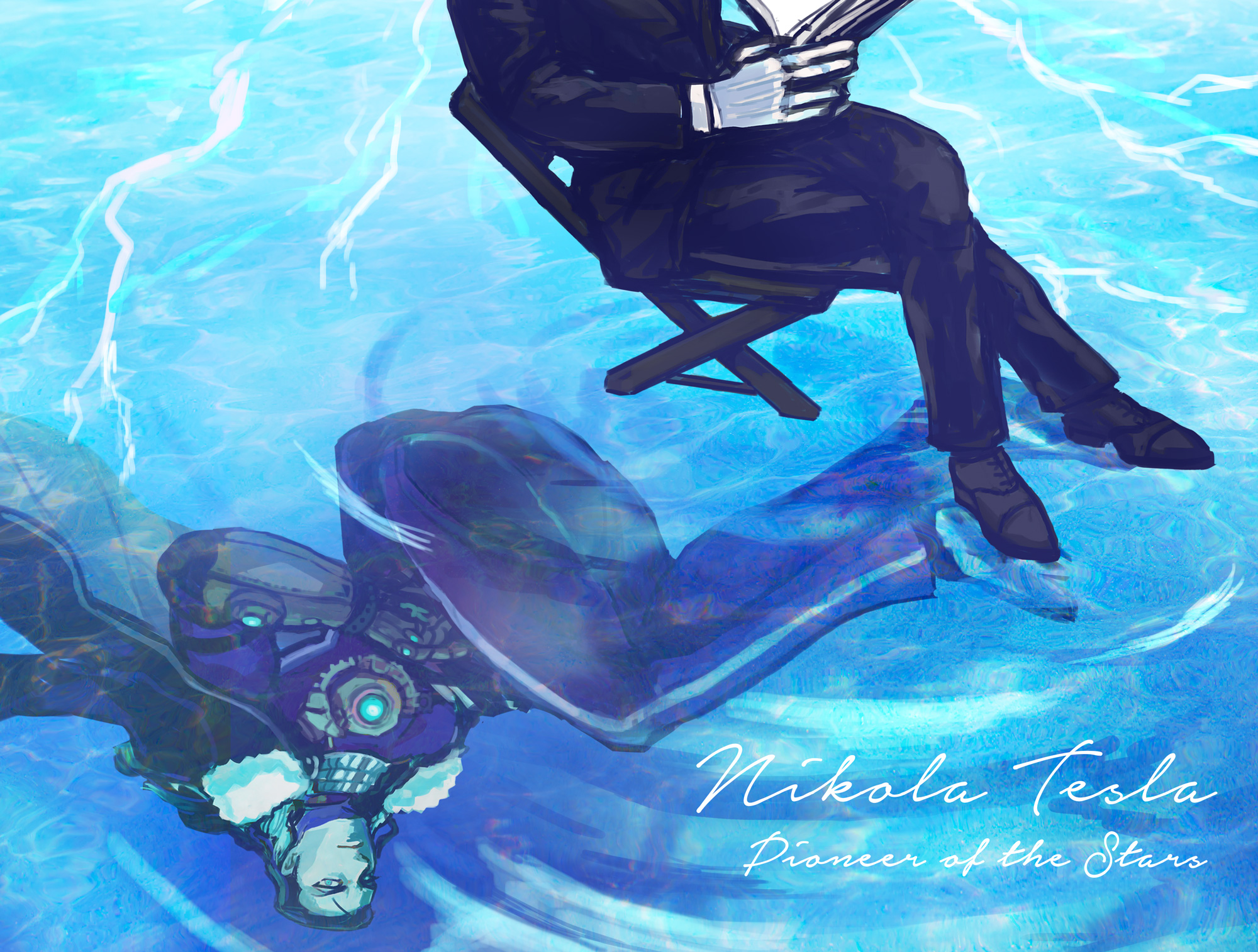 1boy black_hair blue_hair book character_name coat coat_on_shoulders fate/grand_order fate_(series) full_body gloves gradient_hair hair_slicked_back highres holding holding_book long_hair long_sleeves looking_at_viewer male_focus multicolored_hair nihmiu nikola_tesla_(fate) open_book prosthesis prosthetic_arm sitting solo white_gloves