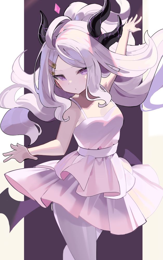 1girl ahoge ballerina ballet blue_archive blush breasts commentary_request demon_girl demon_horns demon_wings falken_(yutozin) hair_ornament hairclip halo hina_(blue_archive) horns long_hair looking_at_viewer purple_eyes small_breasts solo standing white_hair wings