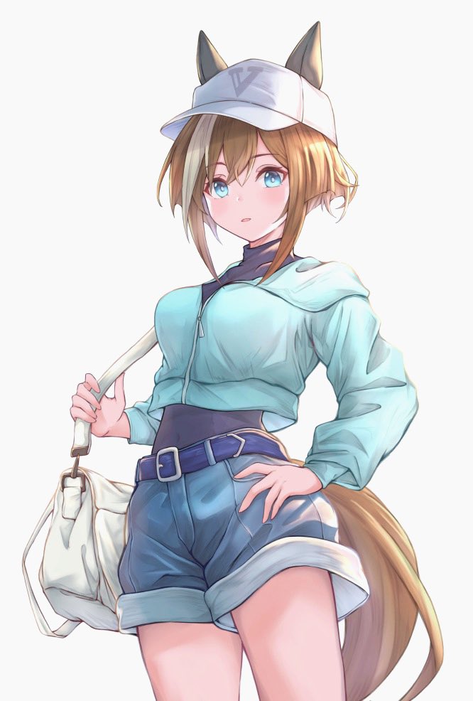 1girl alternate_costume animal_ears bag belt belt_buckle blue_belt blue_eyes blue_shorts bodysuit brown_hair buckle cheval_grand_(umamusume) commentary_request covered_navel cowboy_shot cropped_jacket denim denim_shorts hand_on_own_hip hat horse_girl horse_tail light_blue_jacket looking_at_viewer multicolored_hair open_mouth peaked_cap peperoncino-sama short_hair shorts shoulder_bag sidelocks simple_background solo streaked_hair tail turtleneck turtleneck_bodysuit umamusume white_background white_bag white_hair white_hat