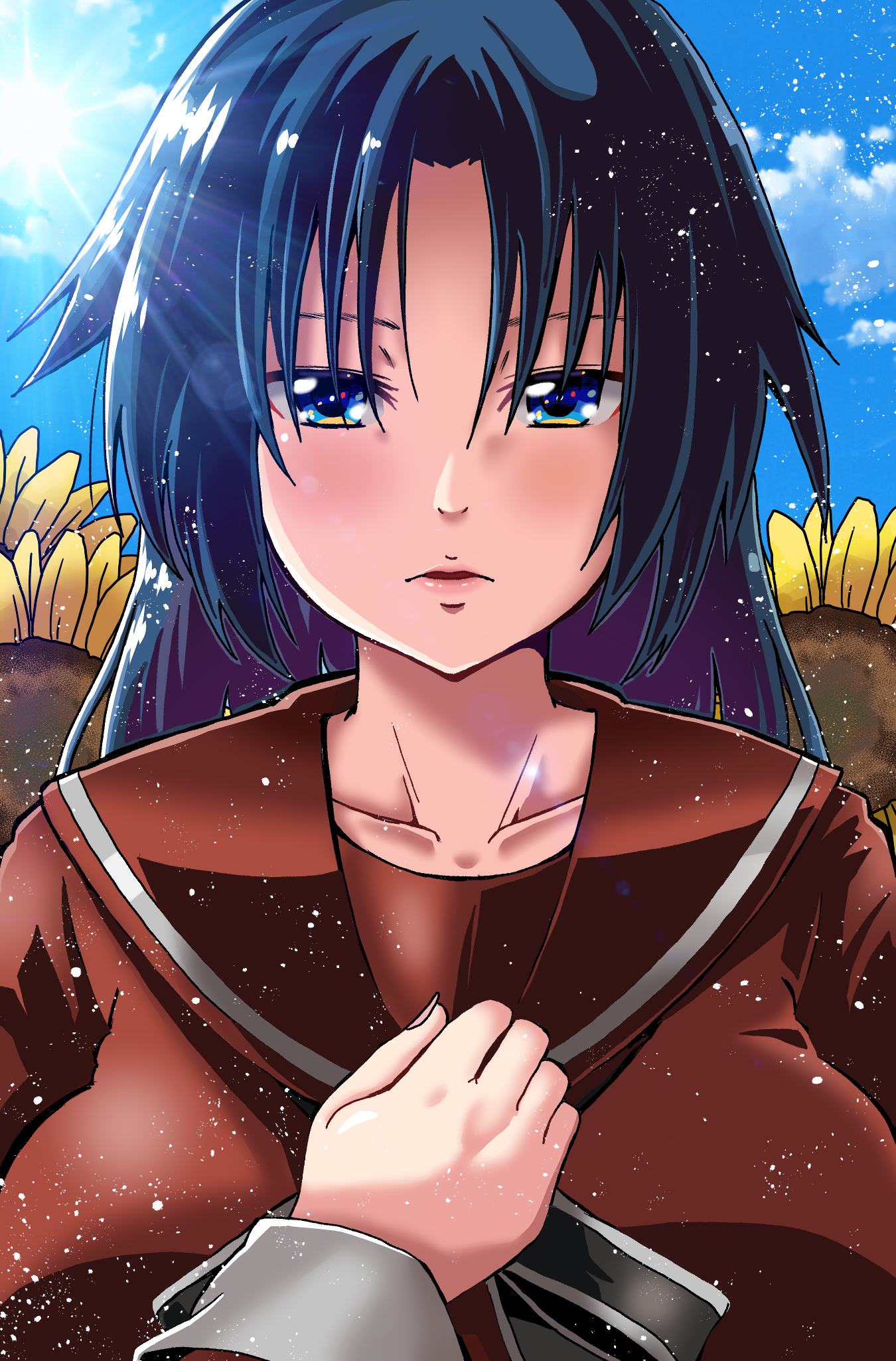 1girl asako_komaki blue_eyes blue_hair breasts clenched_hand field flower flower_field forest_(4423) hand_on_own_chest highres looking_at_viewer mahou_shoujo_madoka_magica mahou_shoujo_oriko_magica portrait school_uniform shiraha_private_academy_school_uniform solo sparkling_eyes straight-on sunflower sunflower_field upper_body