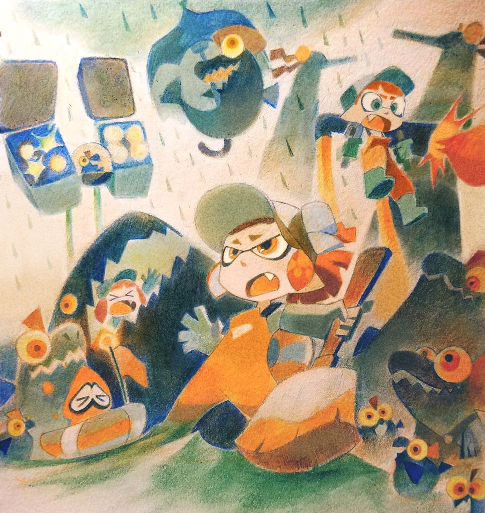 1boy 2girls arm_up baseball_cap blunt_bangs boots bulging_eyes chum_(splatoon) cohozuna_(splatoon) colored_pencil_(medium) colored_sclera drizzler_(splatoon) droplixle fang fish flat_chest flyfish_(splatoon) flying gloves green_eyes green_footwear green_gloves hand_up hat holding holding_brush ink inkbrush_(splatoon) inkjet_(splatoon) inkling inkling_boy inkling_girl inkling_player_character jetpack legs_apart matching_hair/eyes missile_pod mohawk multiple_girls nintendo open_mouth orange_eyes orange_hair orange_overalls outdoors outstretched_arm overalls rain salmon_run_(splatoon) sharp_teeth shirt short_hair sidelocks slime_(substance) smallfry_(splatoon) splatoon_(series) splatoon_2 standing stinger_(splatoon) teeth tentacle_hair tentacles traditional_media white_headwear white_shirt yellow_sclera